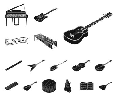 Set koleksiyonu tasarım için müzik aleti siyah simgeler. Resimde web dize ve Nefesli/Üflemeli Saz izometrik vektör simge stok.
