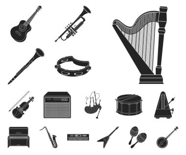 Set koleksiyonu tasarım için müzik aleti siyah simgeler. Sembol stok web illüstrasyon vektör dize ve Nefesli/Üflemeli Saz.