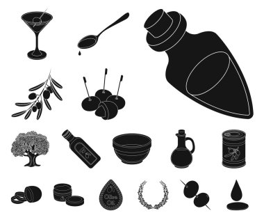 Set koleksiyonu tasarım için zeytin, gıda siyah simgeler. Zeytin yağı, vektör simge stok illüstrasyon baharat.