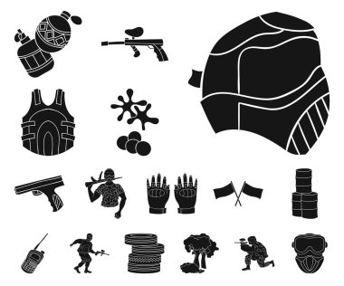 Paintball takım set koleksiyonu tasarım için oyun siyah simgeler. Ekipman ve kıyafet sembol stok web illüstrasyon vektör.