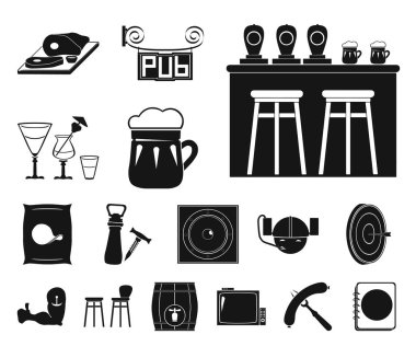 Pub, iç ve ekipman set koleksiyonu tasarım için simgeler siyah. Alkol ve yiyecek sembol stok web illüstrasyon vektör.