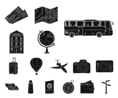 Dinlenmek ve siyah simgeler set koleksiyonu tasarım için seyahat. Ulaşım, turizm sembol stok web illüstrasyon vektör.