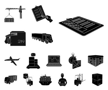 Lojistik ve teslim set koleksiyonu tasarım için simgeler siyah. Taşıtlar ve donatımı izometrik vektör simge stok web çizim.