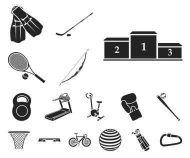 Spor çeşitleri set koleksiyonu tasarım için simgeler siyah. Spor ekipmanları vektör simge stok web çizim.