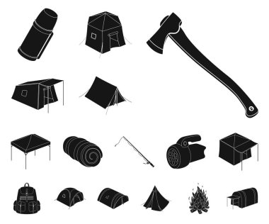 Çadır çeşitleri set koleksiyonu tasarım için simgeler siyah. Resimde web geçici barınak ve vektör simge stok konut.