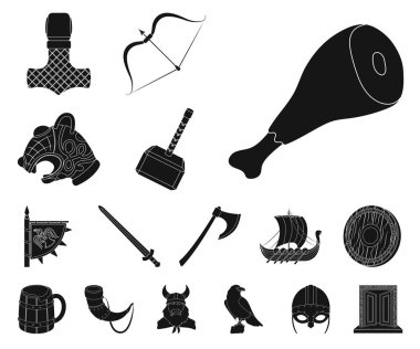 Vikingler ve öznitelikleri set koleksiyonu tasarım için simgeler siyah. Eski İskandinav savaşçı vektör simge stok çizim.
