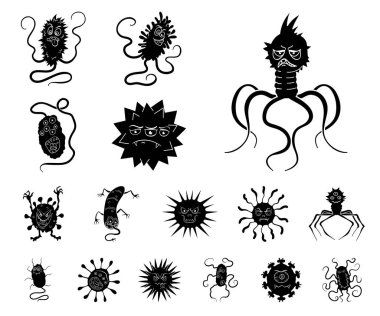 Komik mikrop türleri set koleksiyonu tasarım için simgeler siyah. Patojenik mikroplar sembol stok web illüstrasyon vektör.