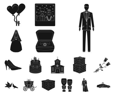 Düğün ve öznitelikleri set koleksiyonu tasarım için simgeler siyah. Sembol stok web illüstrasyon vektör yeni evliler ve aksesuarları.