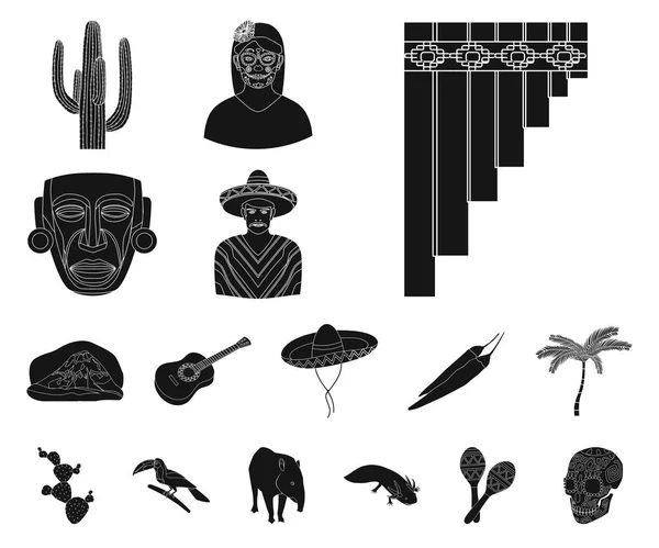 Land Mexiko schwarze Ikonen in Set-Kollektion für Design. Mexiko und Wahrzeichen Vektor Symbol Stock Web Illustration. — Stockvektor