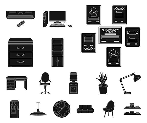 Interior del lugar de trabajo iconos negros en la colección de conjuntos para el diseño. Muebles de oficina vector símbolo stock web ilustración . — Archivo Imágenes Vectoriales