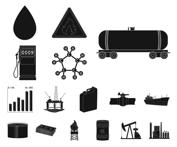 Ölindustrie schwarze Ikonen in Set-Kollektion für Design. Ausrüstung und Ölproduktion Vektor Symbol Stock Web Illustration. — Stockvektor