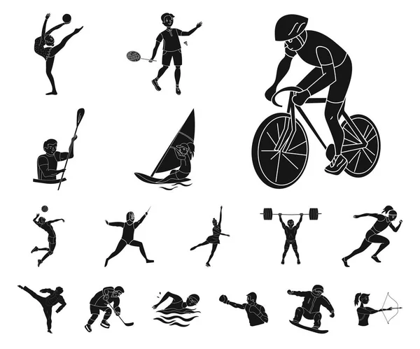 Verschiedene Arten von schwarzen Sportsymbolen in Set-Kollektion für Design. Athlet, Wettkämpfe Vektor Symbol Stock Web Illustration. — Stockvektor