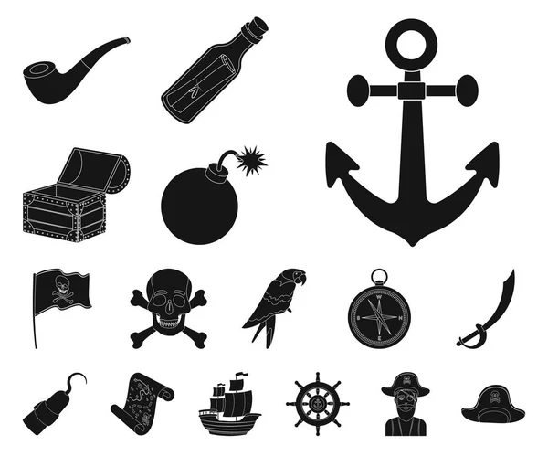 Pirata, ladrón de mar iconos negros en la colección de conjuntos para el diseño. Tesoros, atributos vector símbolo stock web ilustración . — Vector de stock