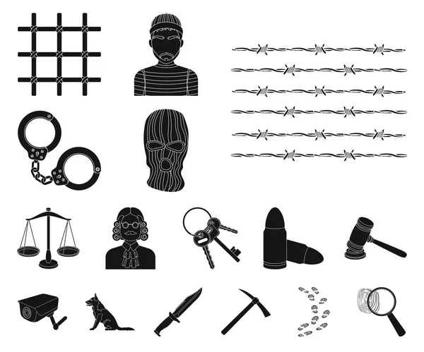 Gefängnis und die kriminellen schwarzen Symbole in Set-Kollektion für design.prison und Attribute Vektor Symbol Stock Web Illustration. — Stockvektor