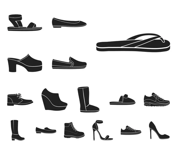 Μια ποικιλία από παπούτσια μαύρα εικονίδια στη συλλογή σετ για σχεδιασμό. Εκκίνησης, πάνινα παπούτσια διανυσματικά εικονογράφηση σύμβολο μετοχής web. — Διανυσματικό Αρχείο