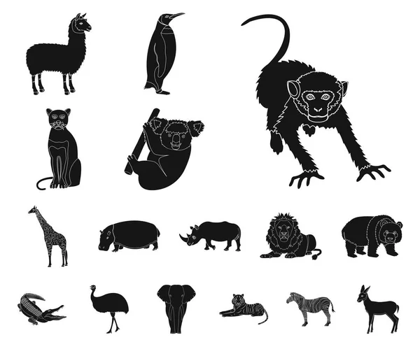Verschiedene Tiere schwarze Symbole in Set-Kollektion für Design. Vogel, Raubtier und Pflanzenfresser Vektor Symbol Stock Web Illustration. — Stockvektor