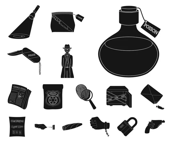 Iconos negros de la agencia de detectives en colección de conjuntos para diseño. Crimen e investigación vector símbolo stock web ilustración . — Archivo Imágenes Vectoriales