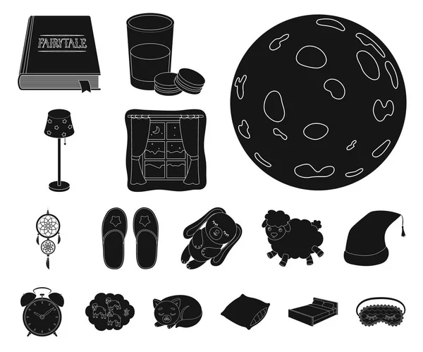 Descanse e durma ícones pretos na coleção de conjuntos para design. Acessórios e conforto vetor símbolo web ilustração stock . — Vetor de Stock
