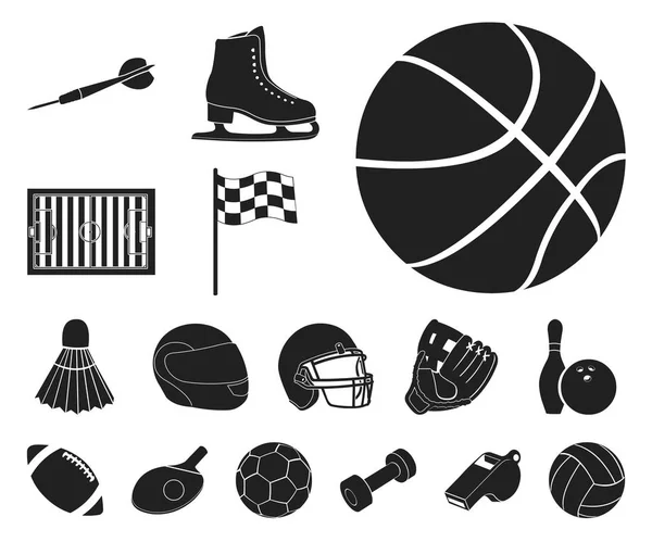 Différents types d'icônes noires sportives dans la collection de jeux pour le design. Matériel de sport symbole vectoriel stock illustration web . — Image vectorielle