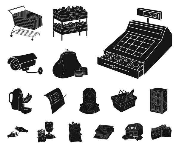 Supermercado e equipamentos ícones pretos na coleção de conjuntos para design. Compra de produtos símbolo vetorial ilustração web . — Vetor de Stock