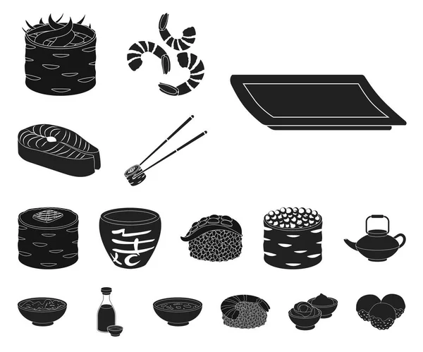 Sushi y condimentos de iconos negros en la colección de conjuntos para el diseño. Alimentos de mariscos, accesorio vector símbolo stock web ilustración . — Archivo Imágenes Vectoriales