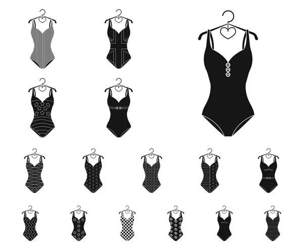 Farklı mayolar set koleksiyonu tasarım için simgeler siyah. Yüzme aksesuarları sembol stok web illüstrasyon vektör. — Stok Vektör