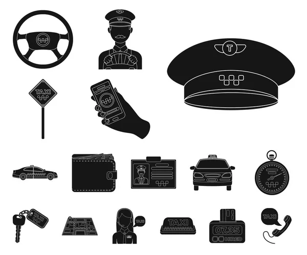 Taxiservice schwarze Symbole in Set-Kollektion für Design. Taxifahrer und Transport-Vektor-Symbol stock web illustration. — Stockvektor