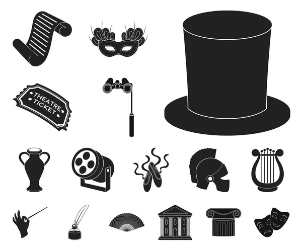 Arte teatral iconos negros en la colección de conjuntos para design.Theater equipo y accesorios vector símbolo stock web ilustración . — Vector de stock