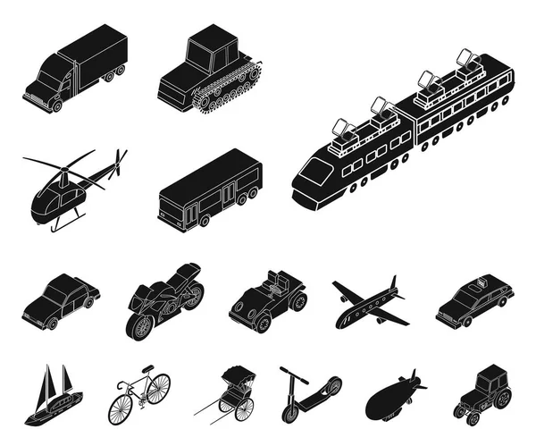 Différents types d'icônes noires de transport dans la collection de jeu pour le design. Voiture et bateau isométrique vecteur symbole stock web illustration . — Image vectorielle