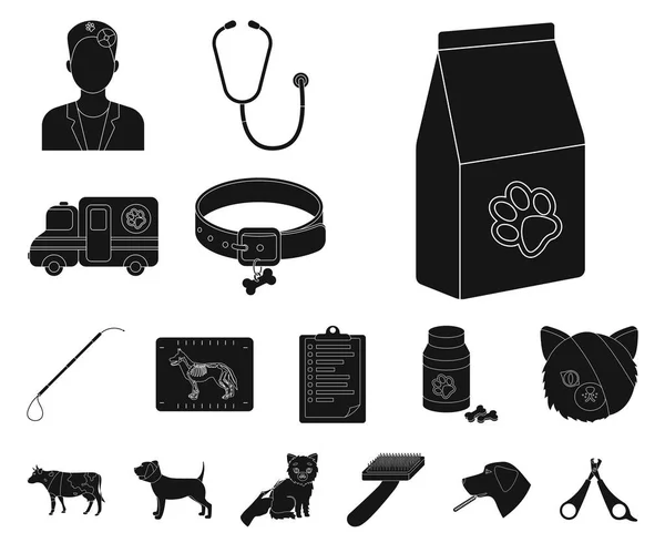 Clinique vétérinaire icônes noires dans la collection ensemble pour la conception. Traitement d'un animal de compagnie vecteur symbole stock web illustration . — Image vectorielle