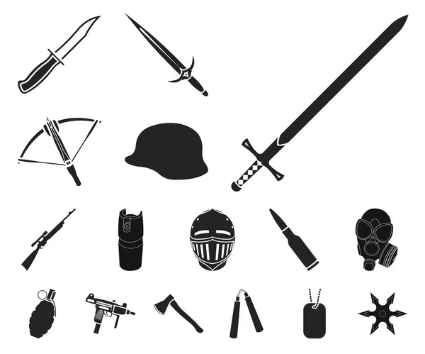Типи зброї чорні іконки в наборі для дизайну. Вогнепальна зброя та холодна зброя Векторний символ стокової веб-ілюстрації . — стоковий вектор