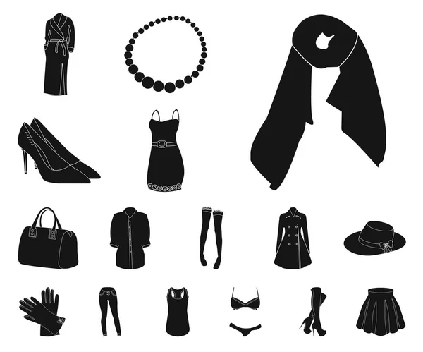 Damenbekleidung schwarze Symbole in Set Kollektion für Design. Bekleidungsvarianten und Accessoires Vektor Symbol Stock Web Illustration. — Stockvektor