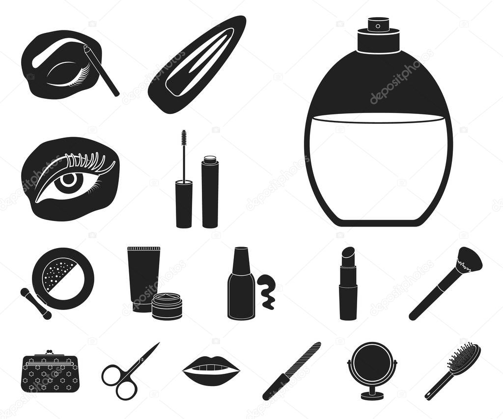 Makeup and cosmetics black icons in set collection for design. Makeup and equipment vector symbol stock web illustration.