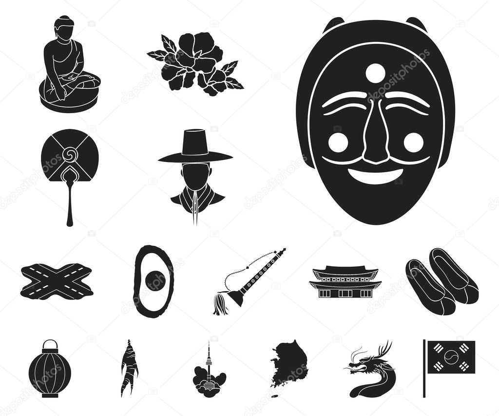 Country South Korea black icons in set collection for design.Travel and attraction vector symbol stock web illustration.