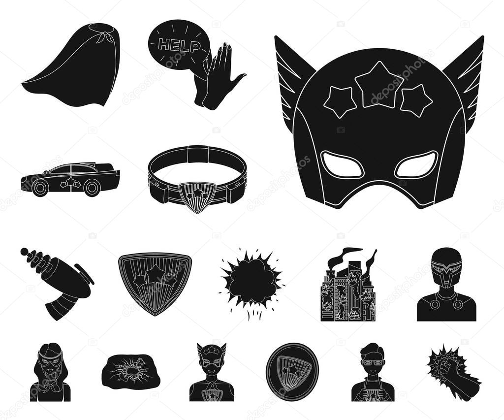 A fantastic superhero black icons in set collection for design. Superheros equipment vector symbol stock web illustration.