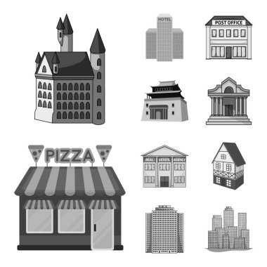 Bina ve şehir işareti illüstrasyon vektör. Bina ve web için iş hisse senedi simgesi.