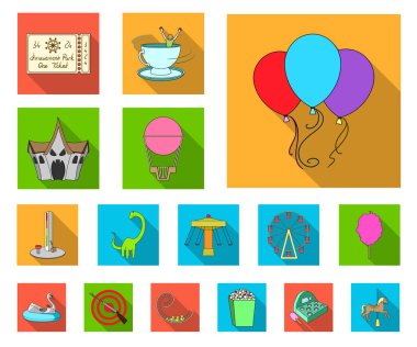 Eğlence Parkı set koleksiyonu tasarım için düz simgeler. Cihazları ve mekanlarına sembol stok web illüstrasyon vektör.
