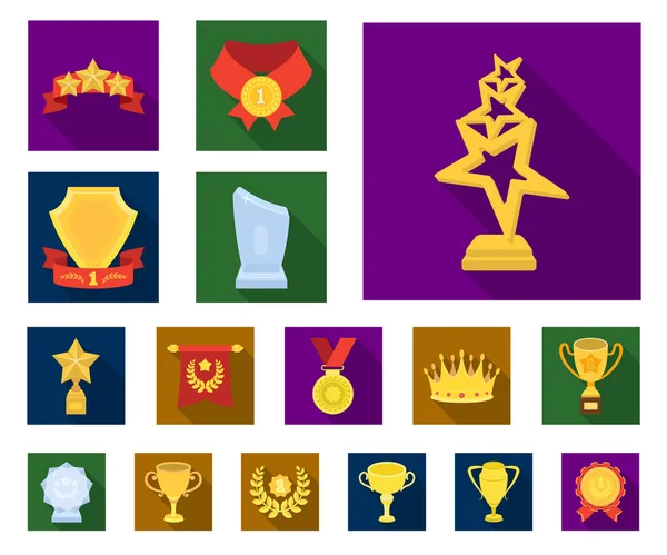 Premios y trofeos iconos planos en la colección de conjuntos para el diseño.Recompensa y logro vector símbolo stock web ilustración . — Vector de stock
