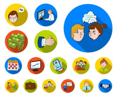 İş konferans ve görüşmeleri set koleksiyonu tasarım için simgeleri düz. İş ve eğitim sembol stok web illüstrasyon vektör.