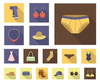 Giysi ve aksesuarları set koleksiyonu tasarım için simgeleri düz. Ayakkabı ve dekorasyon sembol stok web illüstrasyon vektör.