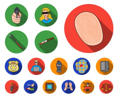 Suç ve ceza düz simgeler set koleksiyonu tasarım için. Suç vektör simge stok web çizim.