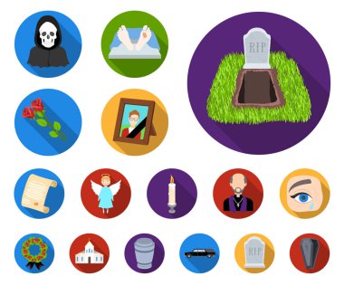 Cenaze töreni set koleksiyonu tasarım için düz simgeler. Cenaze törenleri ve öznitelikleri sembol stok web illüstrasyon vektör.