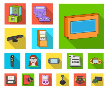 Set koleksiyonu tasarım için simgeleri düz oyun konsolu ve sanal gerçeklik. Oyun gadget'lar sembol stok web illüstrasyon vektör.