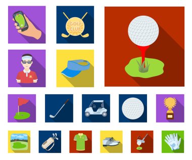Golf ve öznitelikleri set koleksiyonu tasarım için simgeleri düz. Golf Kulübü ve ekipman sembol stok web illüstrasyon vektör.