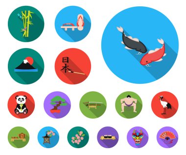 Ülke Japonya set koleksiyonu tasarım için düz simgeler. Japonya ve dönüm noktası sembol stok web illüstrasyon vektör.