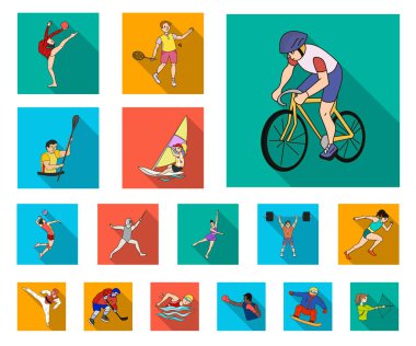 Dizayn için set koleksiyonunda farklı spor düz simgeleri var. Sporcu ve yarışmalar vektör sembolü web illüstrasyonu.