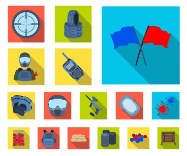 Paintball takım set koleksiyonu tasarım için oyun düz simgeler. Ekipman ve kıyafet sembol stok web illüstrasyon vektör.
