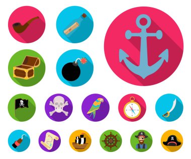 Korsan, deniz soyguncu düz simgeler set koleksiyonu tasarım için. Hazineler, öznitelikleri sembol stok web illüstrasyon vektör.