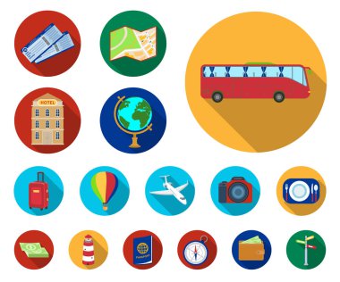 Dinlenmek ve set koleksiyonu tasarım için düz simgeler seyahat. Ulaşım, turizm sembol stok web illüstrasyon vektör.