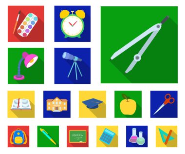 Okul ve eğitim düz simgeler set koleksiyonu tasarım için. Üniversite, ekipman ve aksesuarları sembol stok web illüstrasyon vektör.